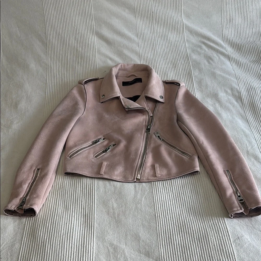 Zara Blush Pink Suede Cropped Moto Jacket Size Medium - Picture 1 of 8